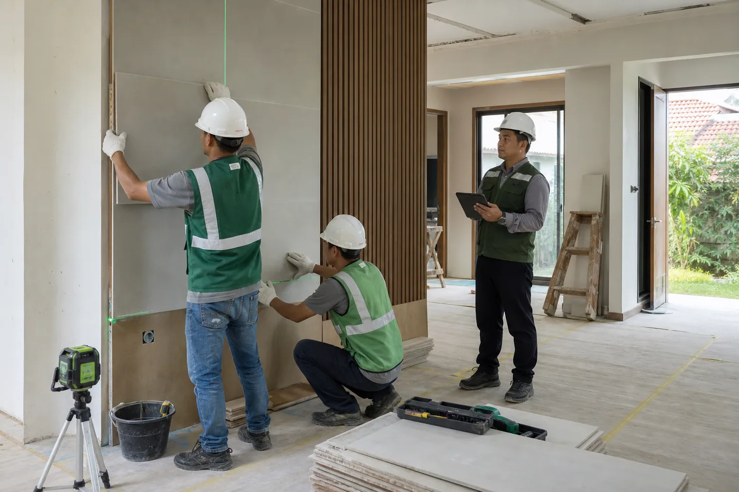 Tim memeriksa kerataan pemasangan dinding saat proses renovasi rumah